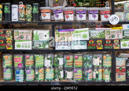 A collection of cannabis paraphernalia in the window of a shop in Amsterdam, Holland. Stock Photo