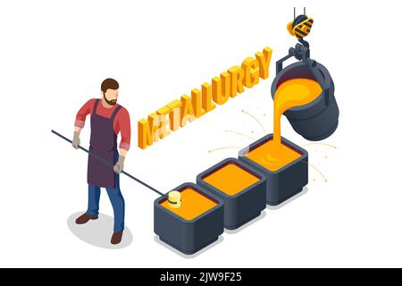 Isometric Forge, blacksmith. Metallurgy. Male character is working in metallurgy industry. Stock Vector
