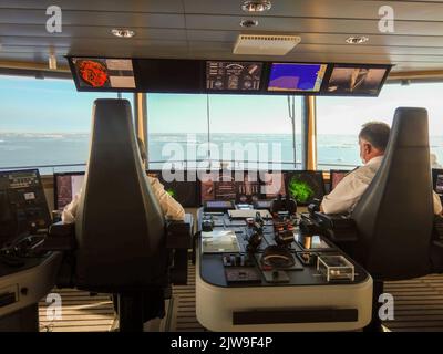 13 August, 2022 - Banks Island, Nunavut, Canada :  Interior of the bridge on the National Geographic Endurance in the high arctic of Nunavut, Canada. Stock Photo