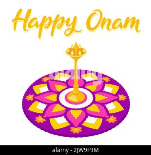 Happy Onam greeting card with floral rangoli (pookalam). Indian holiday in Kerala. Vector clip art illustration. Stock Vector