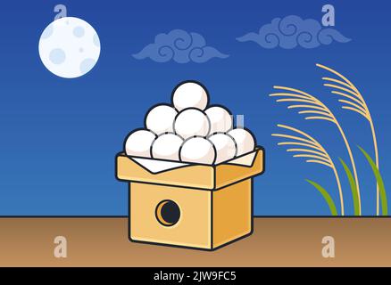 Full moon viewing on Tsukimi, Japanese Mid-Autumn Festival. Night sky with dango (rice cakes) and pampas grass. Cartoon vector clip art illustration. Stock Vector