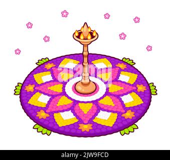 Floral rangoli (pookalam) for Onam, Indian holiday in Kerala. Top view ...