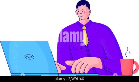 Office worker, businessman or freelancer. Man working at laptop. Learning online courses, studying online via the internet, learning or working from Stock Vector