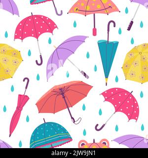 Umbrella and rain drops seamless pattern. Hand drawn doodle umbrellas, autumn or spring season weather. Abstract cute childish decent vector Stock Vector