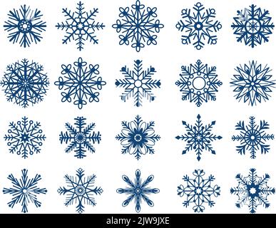 Isolated snowflakes silhouettes and ice crystals. Xmas snowflake sticker template, christmas snow icons. Winter decent frozen vector graphic design Stock Vector