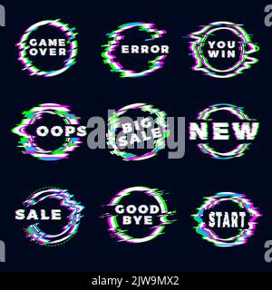 Glitches badges. Grunge abstract circles frames with personal text digital dynamic glitched television signals recent vector ads labels Stock Vector