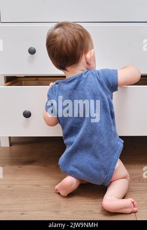 Toddler baby opens a chest of drawers. Child boy reaches into an open drawer of a white cabinet. Kid age one year Stock Photo