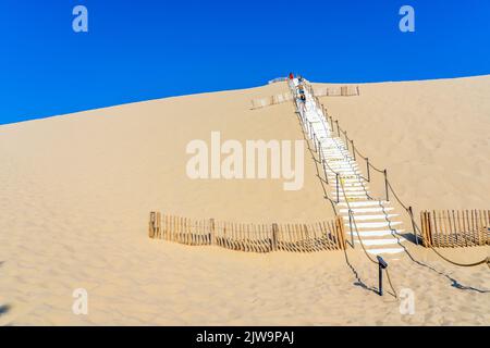 Stair upward to the sand Dune du Pyla at Arcachon. Largest sand dune in Europe, Aquitaine, France. High quality photo Stock Photo