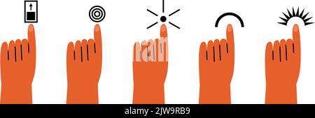 Finger point out on different signs. Hands indicate slider, click, turn knob and press. Modern simple isolated arm vector icons, abstract gestures Stock Vector