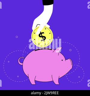 Hand puts gold coin in piggy bank. Saving and accumulating finances, financial literacy. Banking vector illustration in trendy neon colors, digital Stock Vector