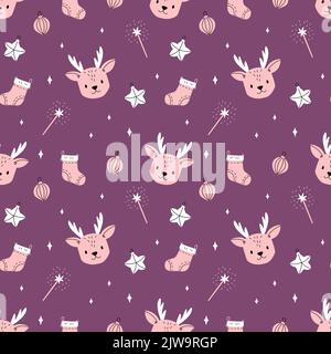 Christmas seamless pattern with kawaii deer. New year illustration in flat style. Vector background for wrapping paper, banners, web, scrapbooking and Stock Vector