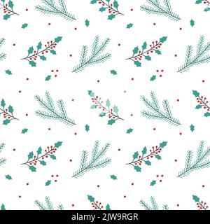 Christmas seamless pattern with holly twigs. New year background for wrapping paper, banners, web, scrapbooking and other holiday design Stock Vector