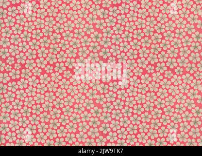 Traditional Japanese printmaking on a chiyogami paper depicting handdrawn motif pattern sakura cherry blossoms on a pink background. Stock Photo