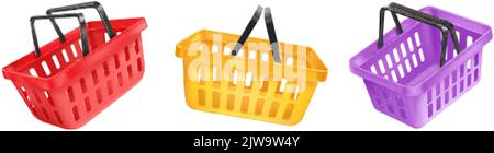 Render shopping basket. 3d shops cart selling groceries supermarket, floating plastic market bucket realistic baskets for customer goods, creative product vector illustration. Basket to buy, cart 3d Stock Vector