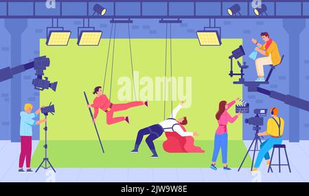 Shooting action scene. Cinema shoot of actor stunt, movie director film crew production equipment camera chromakey in studio backstage location stage, swanky vector illustration of movie action Stock Vector