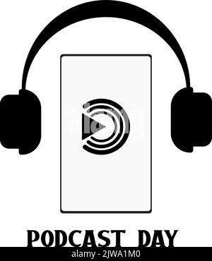 Smartphone playing podcast. Headphones and mobile phone. Vector icon illustration. Nice design for Podcast Day and Radio Day. Stock Vector