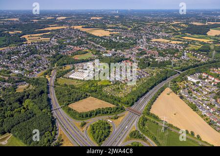 Aerial view, freeway junction Dortmund-Hafen, freeway A45 and Mallinckrodtstraße, with view to Kirchlinde, Jungferntal, Dortmund, Ruhrgebiet, North Rh Stock Photo