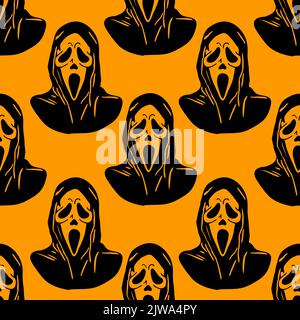 seamless graphic black and white pattern mask scream on orange background, texture, design Stock Photo