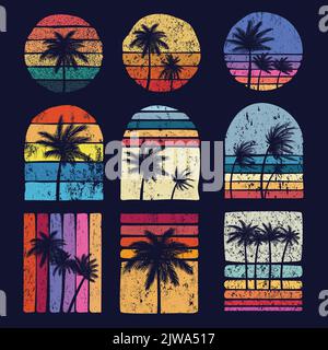 Grunge sunset retro palm tree silhouette set collection vector illustration Stock Vector