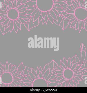 floral graphic border, pink pattern on gray background, greeting card, design Stock Photo
