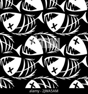 bright seamless pattern of white graphic fish skeletons on a black background, texture, design Stock Photo