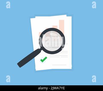 Audit review, business document logo design. Concept of evaluation or assessment sales report research, verification, inspection of results data. Stock Vector