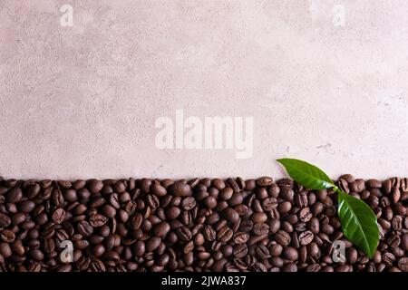 Top view with place for text roasted coffee beans border on a light brown background. Stock Photo