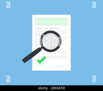 Document audit review, inspection or assessment evaluation, contract statement verification via magnifier logo design. Assessment report research. Stock Vector