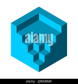 Abstract cube object with small cubes on different levels. Isometric shape. 3D geometric object. Construction, architecture, building concept. Vector Stock Vector