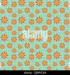 Retro pattern with small daisies. Groovy and trippy style 1970. Stock Vector