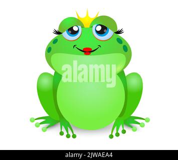 Princess frog with a crown hand drawn vector illustration. Funny isolated fairy tale animal character for kids logo or icon. Stock Vector
