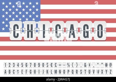 White analog airport flip board with flight info of departure destination in USA Chicago with full font. Vector illustration on the American flag background Stock Vector