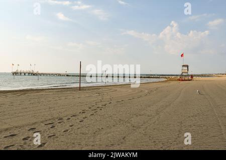 The empty beach in front of the Cinema Palace early in the morning, Venice Lido, Venice, Veneto, Italy Stock Photo