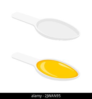Empty and full oral liquid medicine spoon with doze of kids syrup for cough, sore throat, cold, flu and other respiratory tract infection isolated on white background. Vector cartoon illustration. Stock Vector