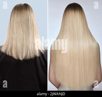 Woman before after hair extensions. Back view. Stock Photo