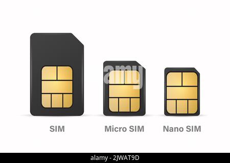 Vector 3d Realistic Black Plastic Sim, Micro Sim, Nano Sim Card Template Set Isolated. Design Template of Sim Card for Mockup, Branding. Front View Stock Vector