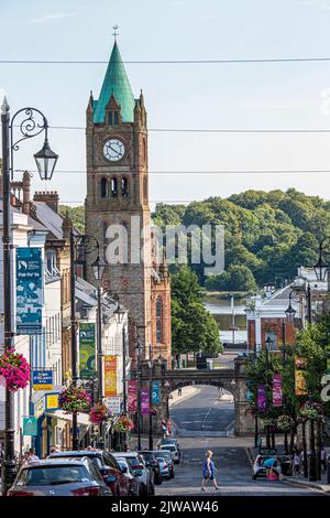 The guildhall and shipquay street inside the walls of Derry city county londonderry northern ireland uk. Stock Photo
