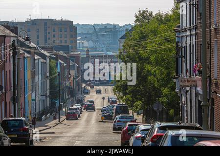 Londonderry, UK, August 2022. View of Derry city with view through streets and colourful buildings Stock Photo