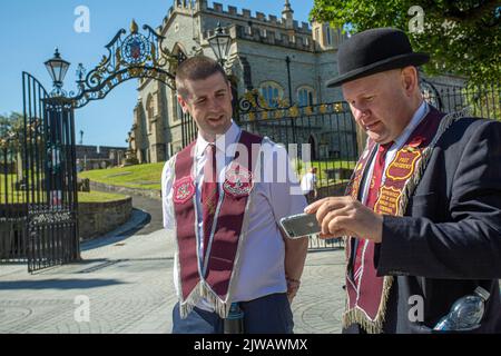 Members of the loyalist Apprentice Boys of Derry leaving a service at St Columb's Cathedral, Londonderry Stock Photo