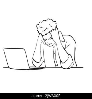 line art unhappy businessman working in the office with laptop computer illustration vector hand drawn isolated on white background Stock Vector