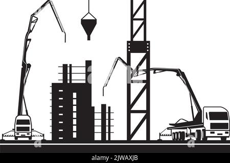 Concrete pump trucks and crane on construction site - vector illustration Stock Vector