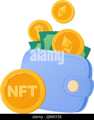 NFT. Crypto wallet with coins vector illustration. Blockchain wallet technology, bitcoin and ethereum. The concept of using cryptocurrency along with conventional money, dollars Stock Vector
