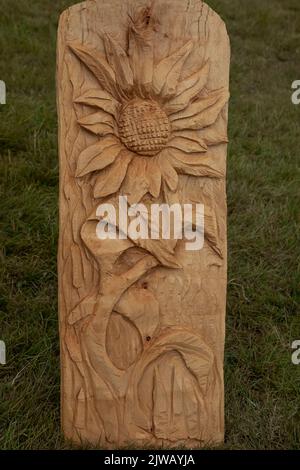 Chainsaw carving on a piece of wood of a sunflower at a game show Stock Photo