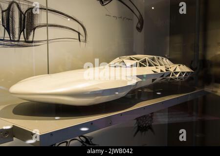 Stuttgart, Germany - July 5 2022: Historic collection of Mercedes racing cars and other brand in Mercedes-Benz Welt museum. Presentation of roadsters, AMG, silver arrows and 300 SL with gullwing doors Stock Photo