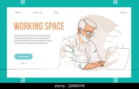 Coworking Space Landing Page Flat Cartoon Template. Freelancers Team Working Online on Laptop. Business People Sharing Open Workspace. Outline Vector Illustration Stock Vector