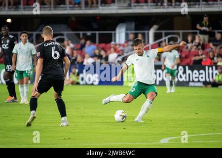 Washington, USA. 04th Sep, 2022. Rapids midfielder Diego Rubio shots the ball during a DC United vs Colorado Rapids Major League Soccer (MLS) match at Audi Field in Washington, DC, on Sunday, September 4, 2022. (Graeme Sloan/Sipa USA) Credit: Sipa USA/Alamy Live News Stock Photo