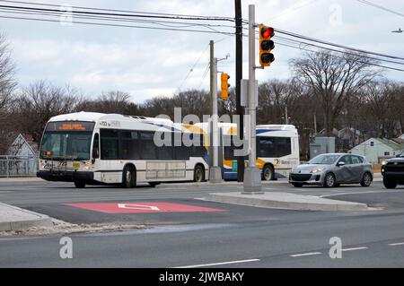 A Halifax Transit articulated bus using a queue jump lane, a type of transit priority measure, on Bayers Road in Halifax, Nova Scotia Stock Photo