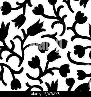 Silhouettes of hand drawn tulips seamless pattern. Stock Vector