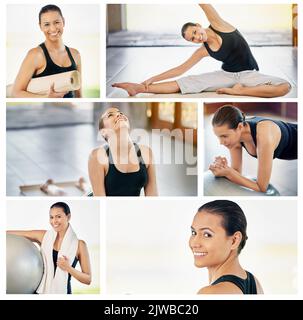 Motivate the mind and the body will follow. Composite image of an attractive young woman exercising at home. Stock Photo