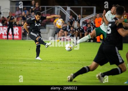 Washington, USA. 04th Sep, 2022. United midfielder Ravel Morrison shoots the ball during a DC United vs Colorado Rapids Major League Soccer (MLS) match that ended 0-0, at Audi Field in Washington, DC, on Sunday, September 4, 2022. (Graeme Sloan/Sipa USA) Credit: Sipa USA/Alamy Live News Stock Photo